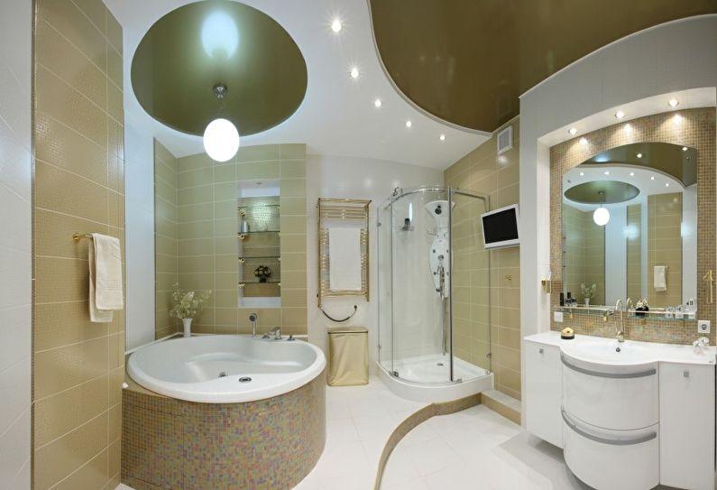 Двухуровневый натяжной потолок в ванной комнате - фото