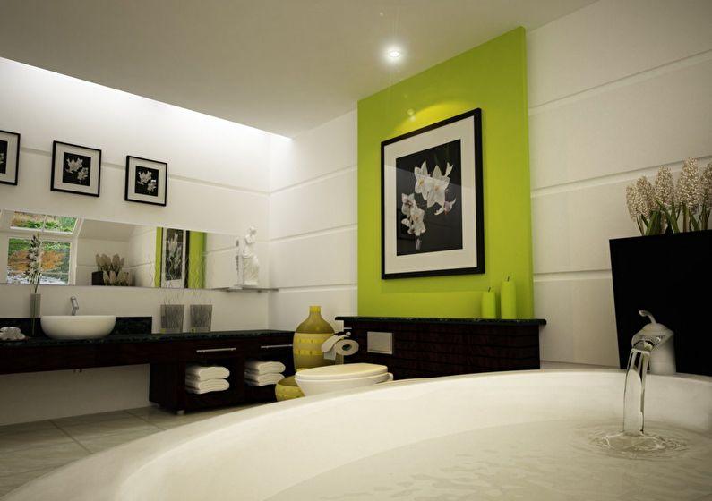 Сочетание цветов в интерьере ванной комнаты - белый с черным и зеленым