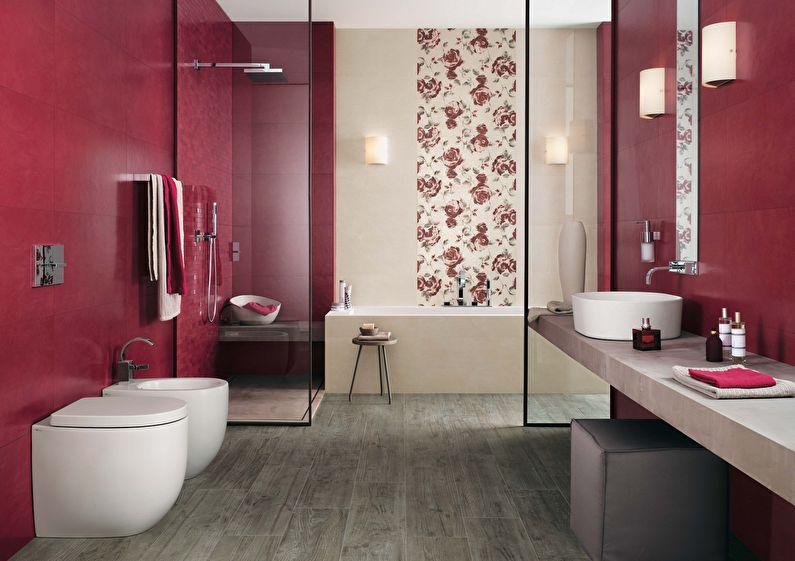 Сочетание цветов в интерьере ванной комнаты - красный с бежевым, серым и белым