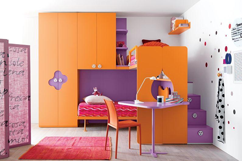 Сочетание цветов в интерьере детской комнаты - оранжевый с фиолетовым и белым