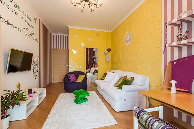 Сочетание цветов в интерьере гостиной - желтый с белым
