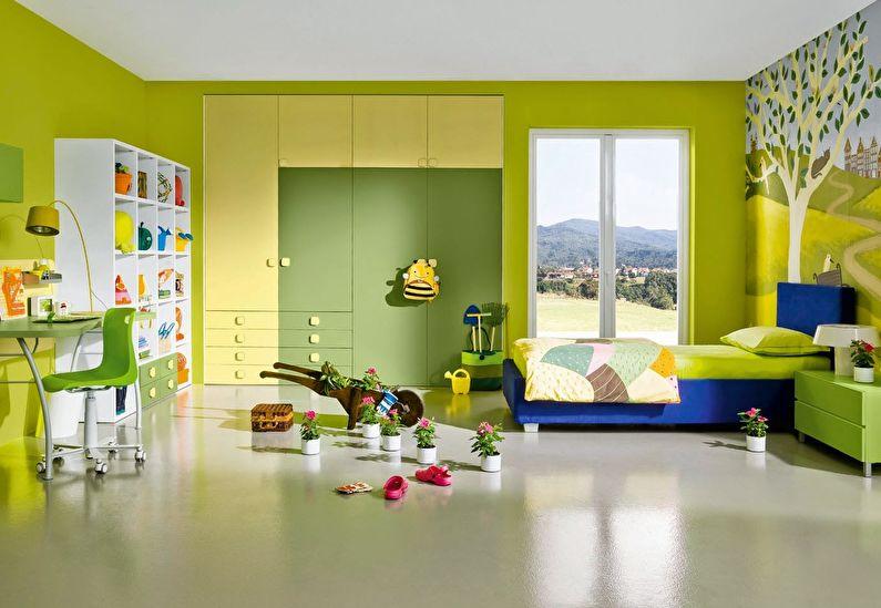 Сочетание цветов в интерьере детской комнаты - зеленый с желтым, синим и белым