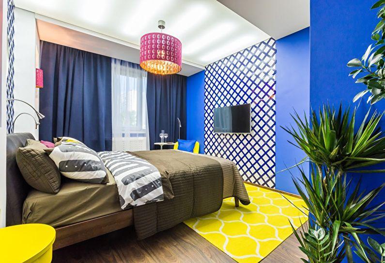Сочетание цветов в интерьере спальни - синий с желтым и белым