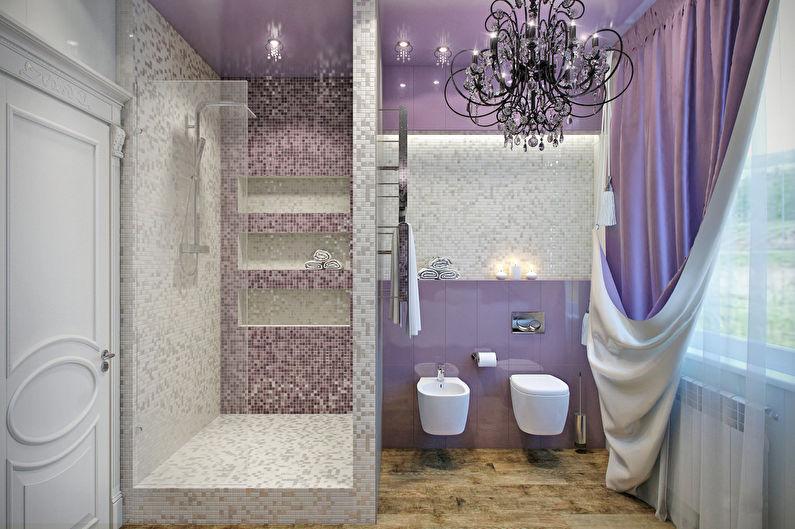 Сочетание цветов в интерьере ванной комнаты - фиолетовый с бежевым и белым