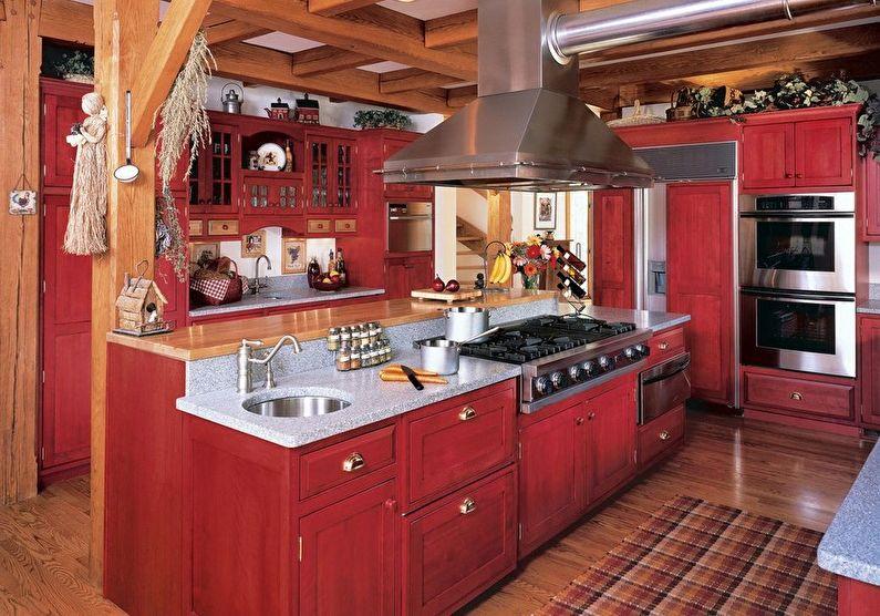 Красная кухня в стиле кантри - дизайн интерьера