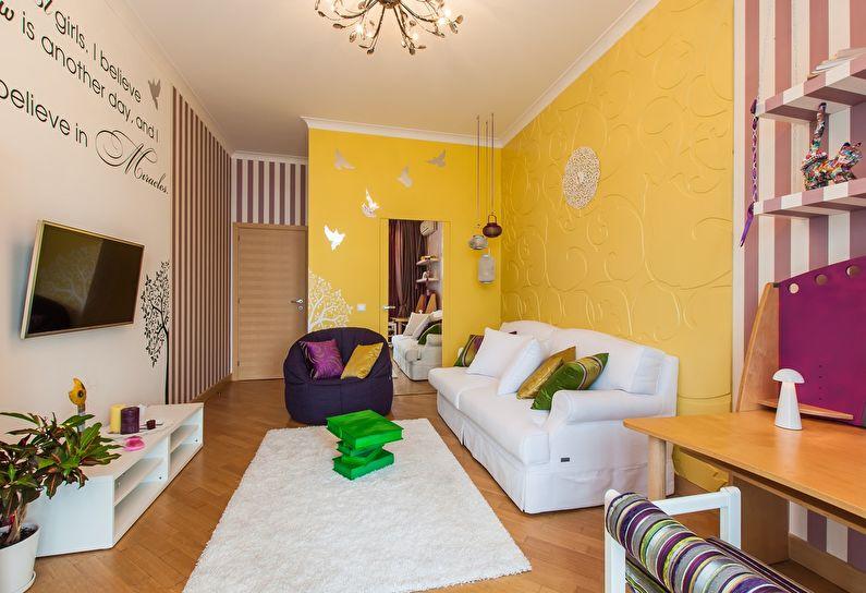 Желтая гостиная в хрущевке - дизайн интерьера
