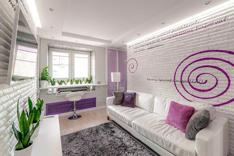 Фиолетовая гостиная в хрущевке - дизайн интерьера