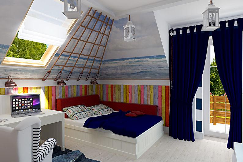 Дизайн интерьера детской комнаты на мансарде - фото
