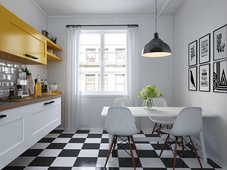 Дизайн пола на кухне в скандинавском стиле - черно-белая плитка