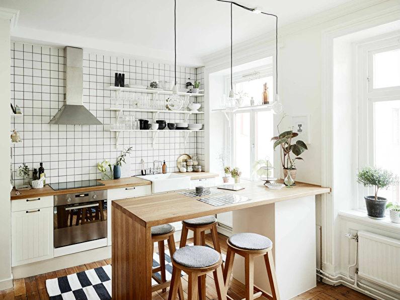 Белая кухня в скандинавском стиле с барной стойкой - дизайн интерьера