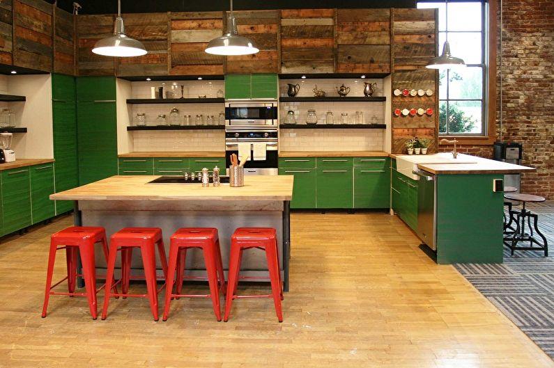 Зеленая кухня в стиле лофт - Дизайн интерьера